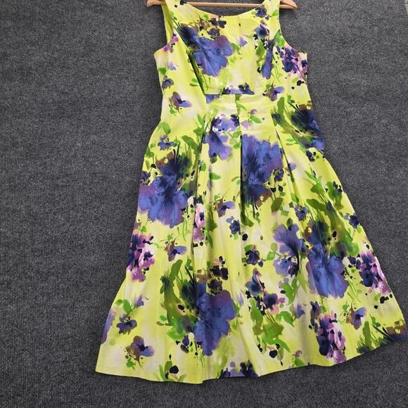 Nine West Dress Womens 10 Chartreuse Lime Green Purple Floral Fit & Flare Pleate - Picture 2 of 9